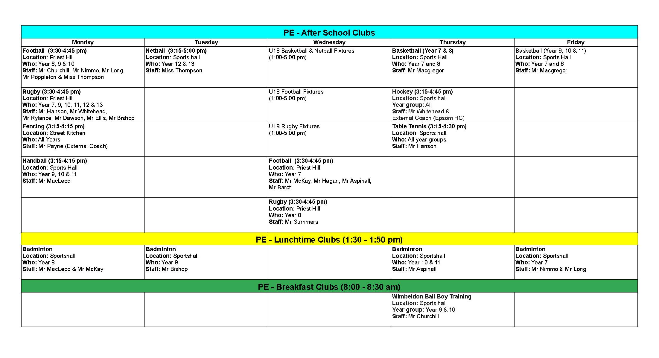 PE   Extracurricular Timetable (2024 25)   Weekly Timetable