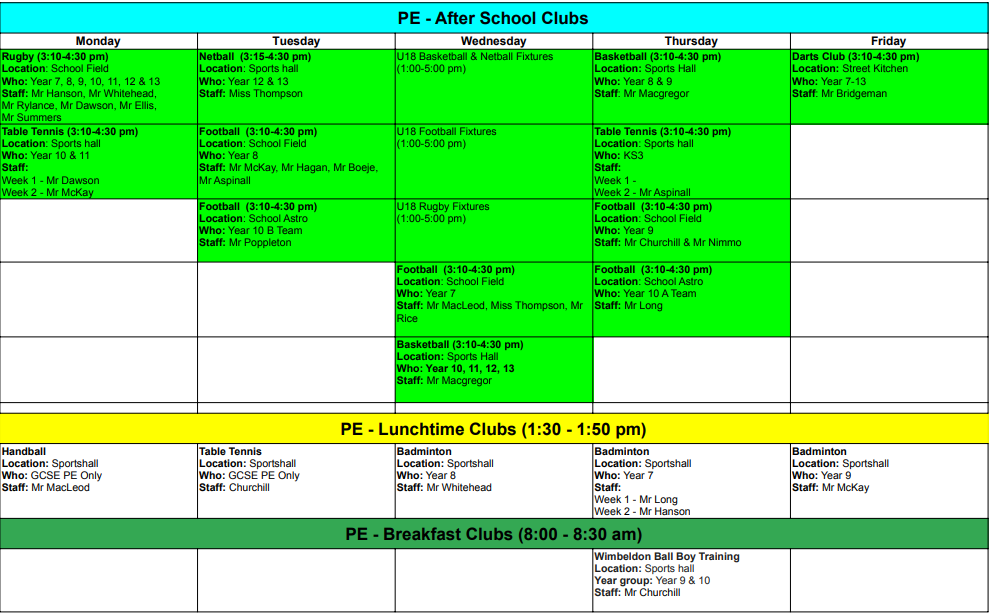 PE timetable