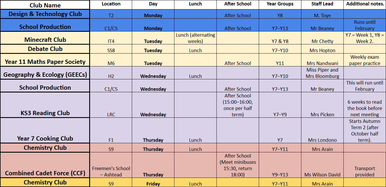 Extra Curricular Timetable